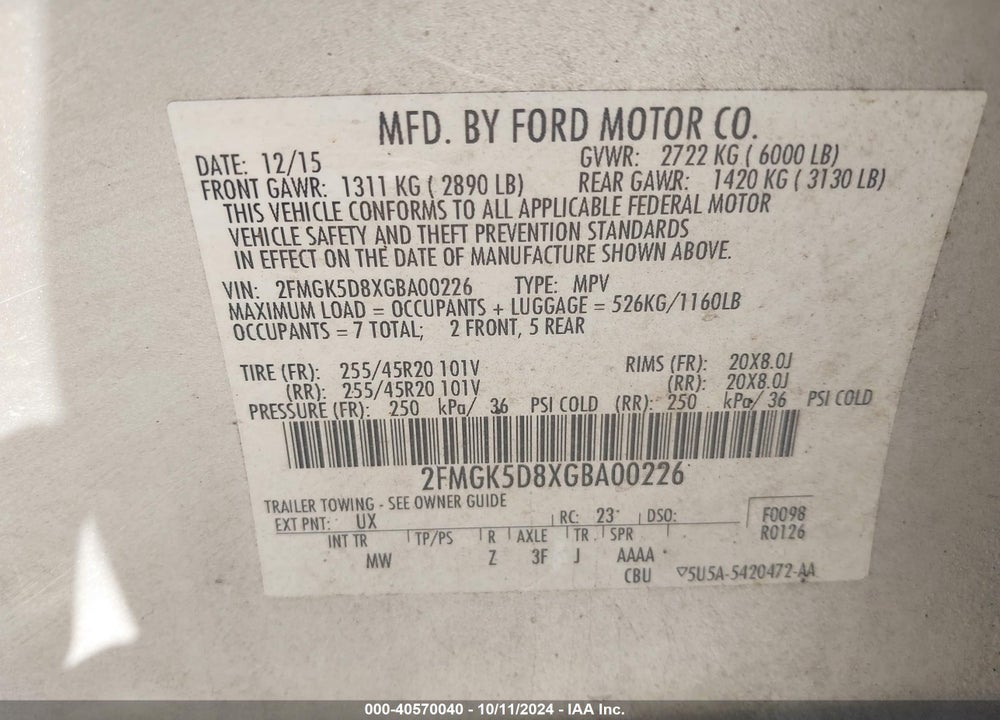 2016 FORD FLEX LIMITED VIN: 2FMGK5D8XGBA00226