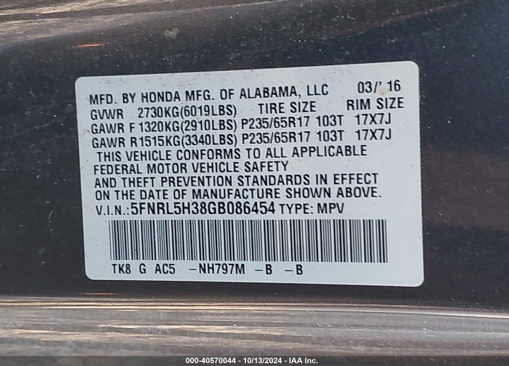 2016 HONDA ODYSSEY SE VIN: 5FNRL5H38GB086454