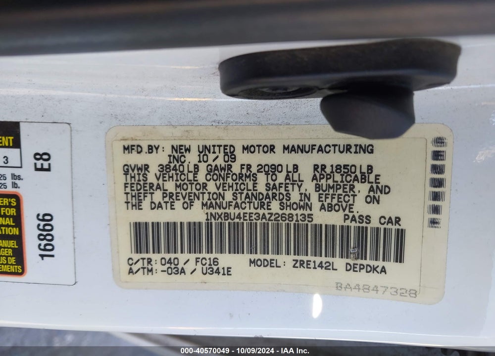 2010 TOYOTA COROLLA LE VIN: 1NXBU4EE3AZ268135