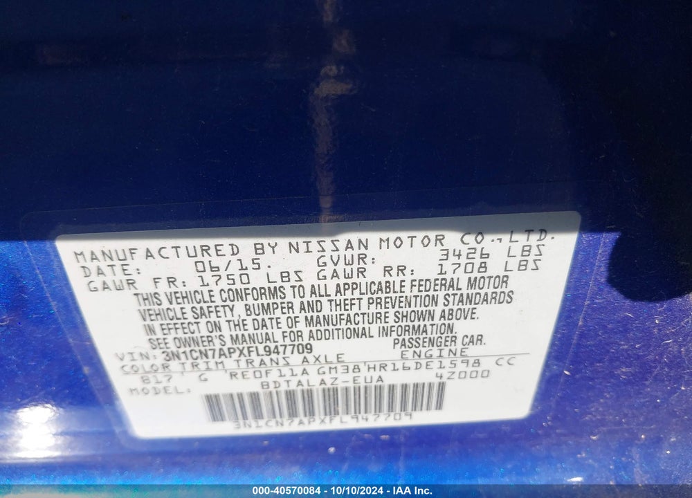 2015 NISSAN VERSA 1.6 S+ VIN: 3N1CN7APXFL947709