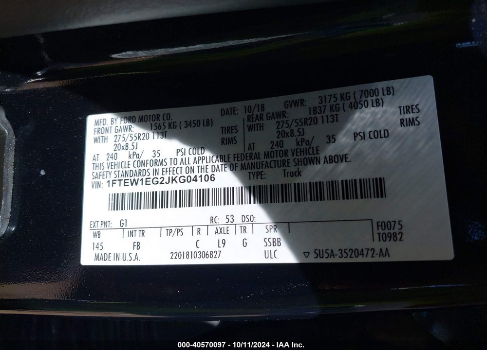 2018 FORD F-150 XLT VIN: 1FTEW1EG2JKG04106