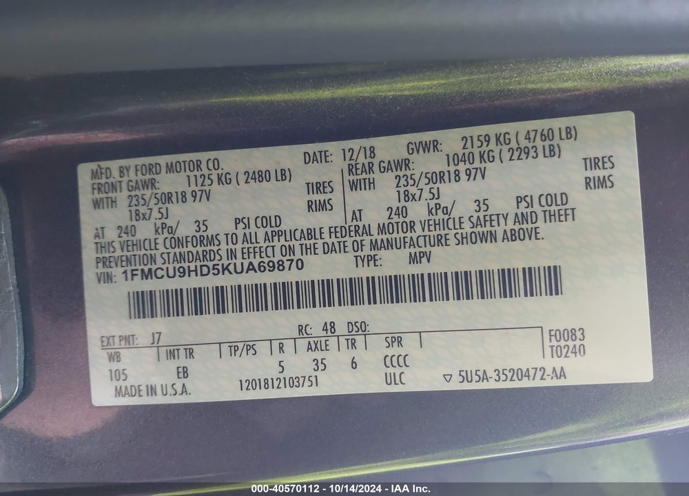 2019 FORD ESCAPE SEL VIN: 1FMCU9HD5KUA69870