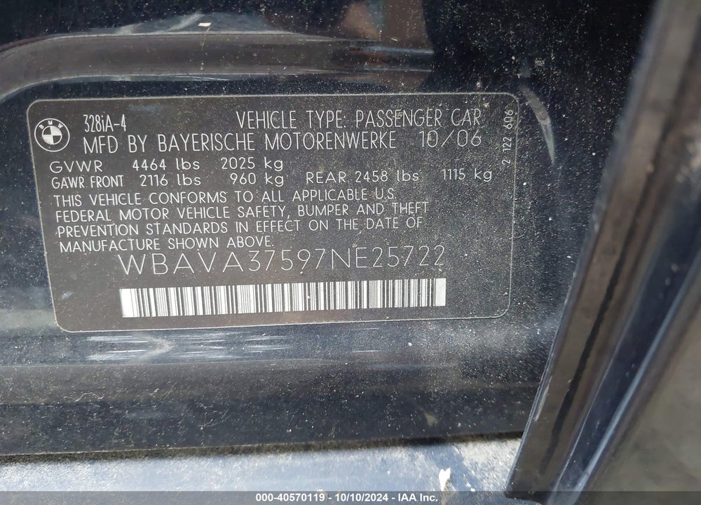 2007 BMW 328I VIN: WBAVA37597NE25722