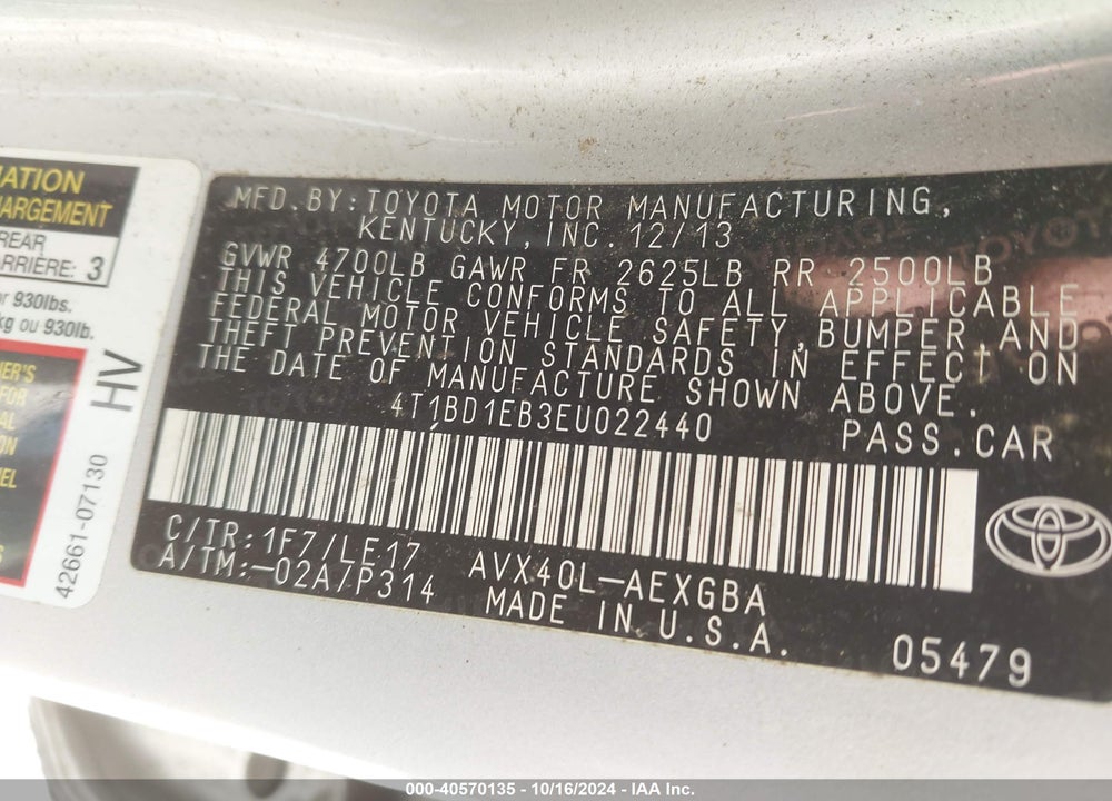 2014 TOYOTA AVALON HYBRID XLE TOURING VIN: 4T1BD1EB3EU022440