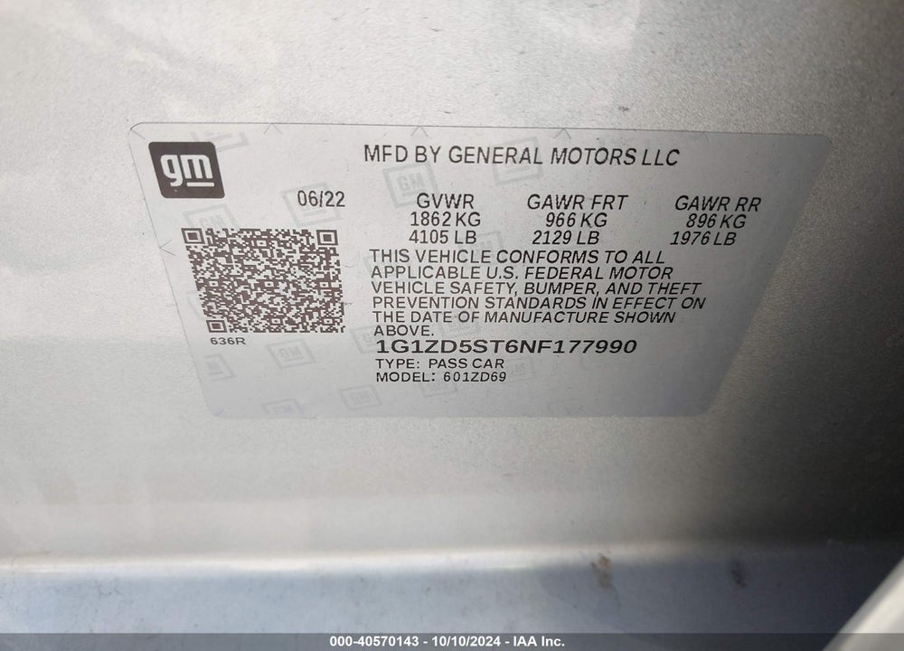 2022 CHEVROLET MALIBU FWD LT VIN: 1G1ZD5ST6NF177990