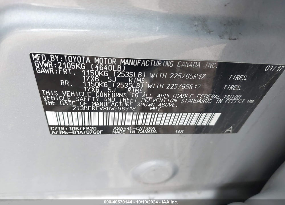 2017 TOYOTA RAV4 LE VIN: 2T3BFREV8HW596918