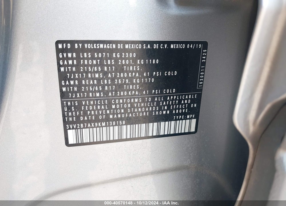 2019 VOLKSWAGEN TIGUAN 2.0T SE/2.0T SEL/2.0T SEL R-LINE/2.0T SEL R-LINE BLACK VIN: 3VV2B7AX9KM138158