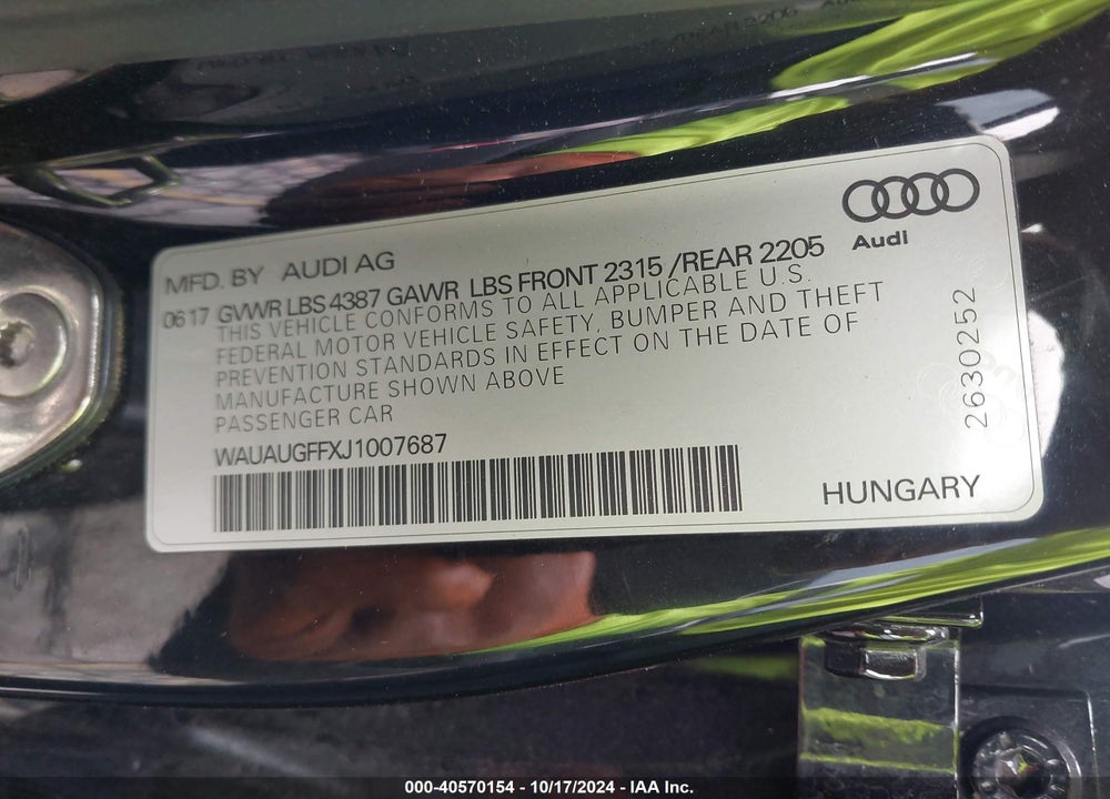 2018 AUDI A3 2.0T PREMIUM/2.0T TECH PREMIUM VIN: WAUAUGFFXJ1007687