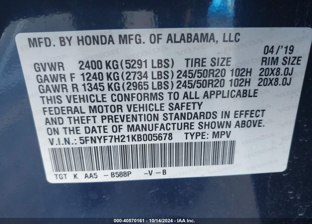 2019 HONDA PASSPORT SPORT VIN: 5FNYF7H21KB005678