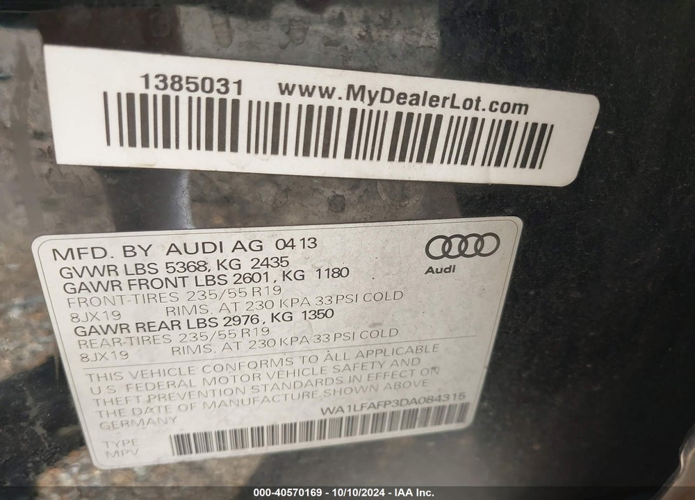 2013 AUDI Q5 2.0T PREMIUM VIN: WA1LFAFP3DA084315
