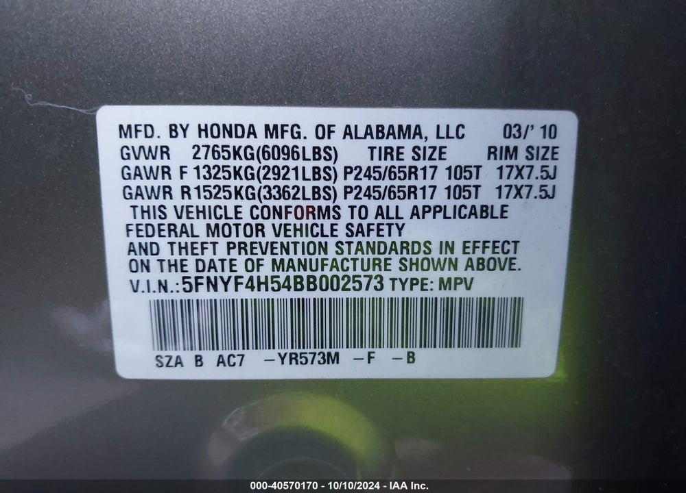 2011 HONDA PILOT EX-L VIN: 5FNYF4H54BB002573