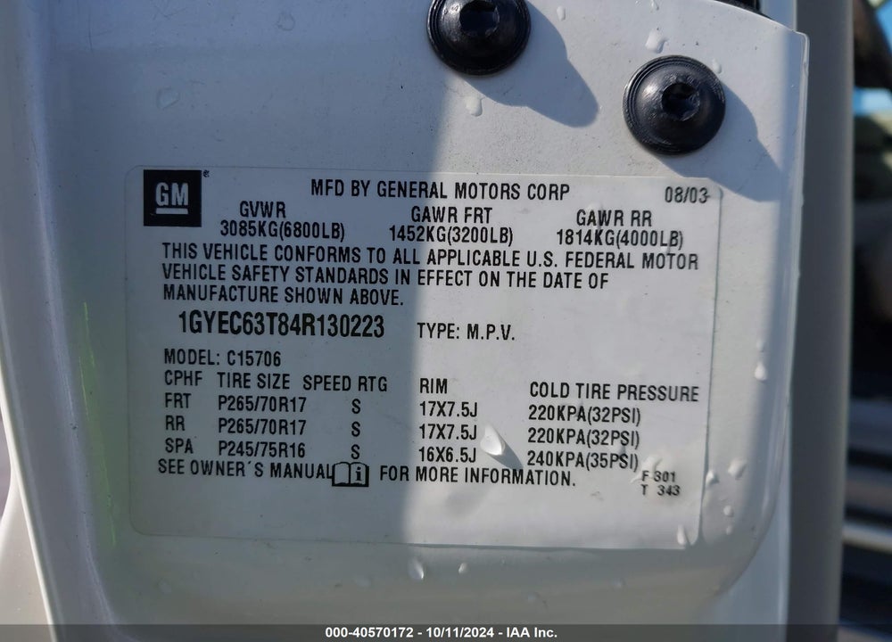 2004 CADILLAC ESCALADE STANDARD VIN: 1GYEC63T84R130223