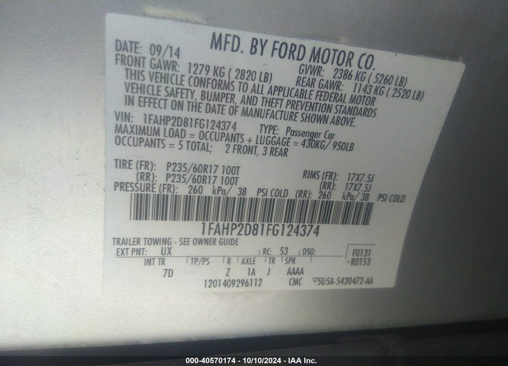 2015 FORD TAURUS SE VIN: 1FAHP2D81FG124374