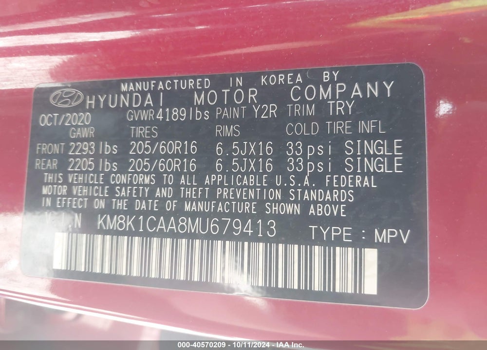 2021 HYUNDAI KONA SE VIN: KM8K1CAA8MU679413