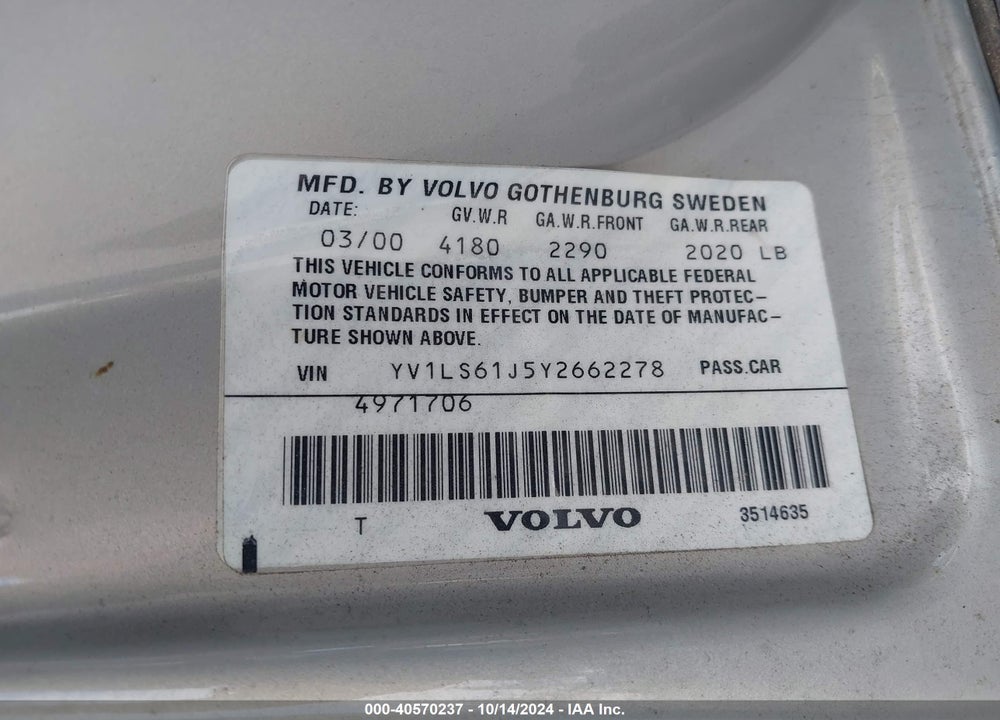 2000 VOLVO S70 SE VIN: YV1LS61J5Y2662278