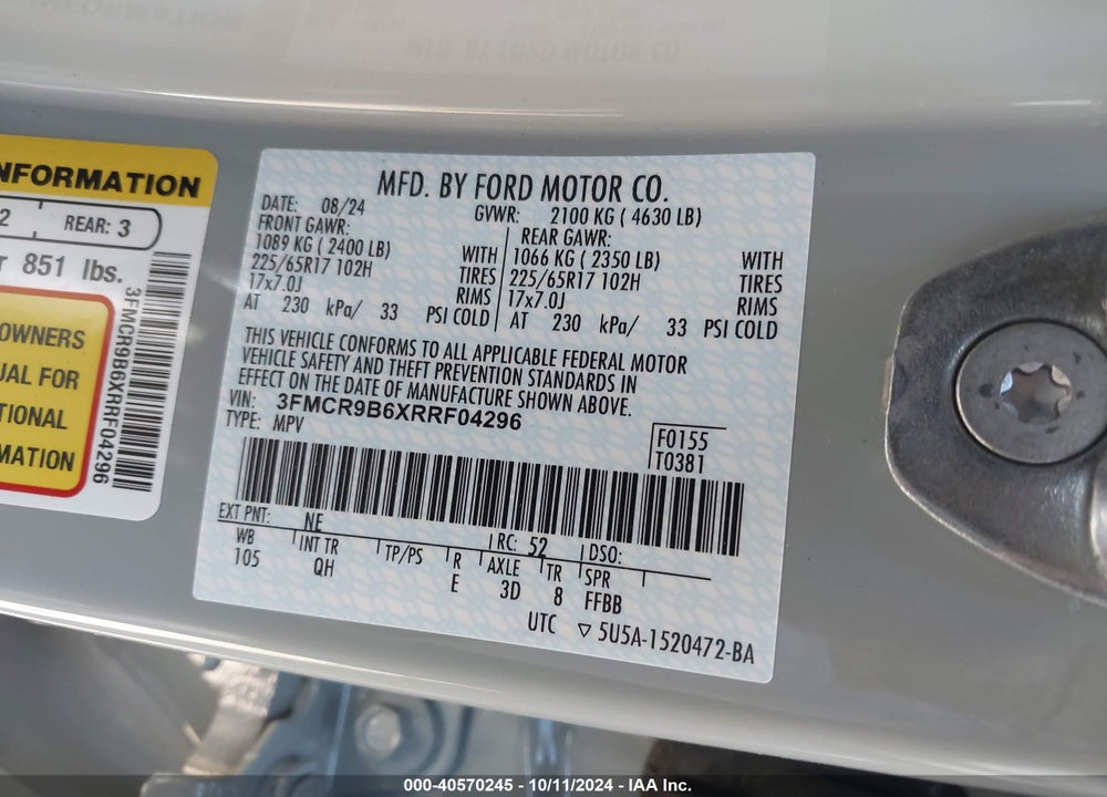 2024 FORD BRONCO SPORT VIN: 3FMCR9B6XRRF04296