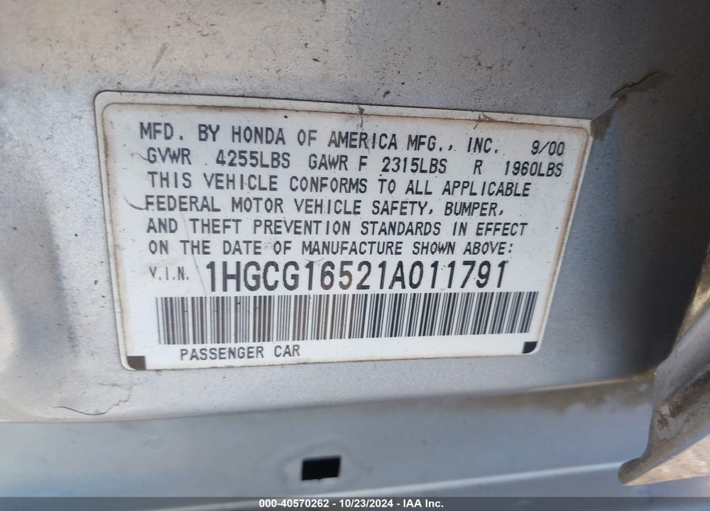 2001 HONDA ACCORD 3.0 EX VIN: 1HGCG16521A011791
