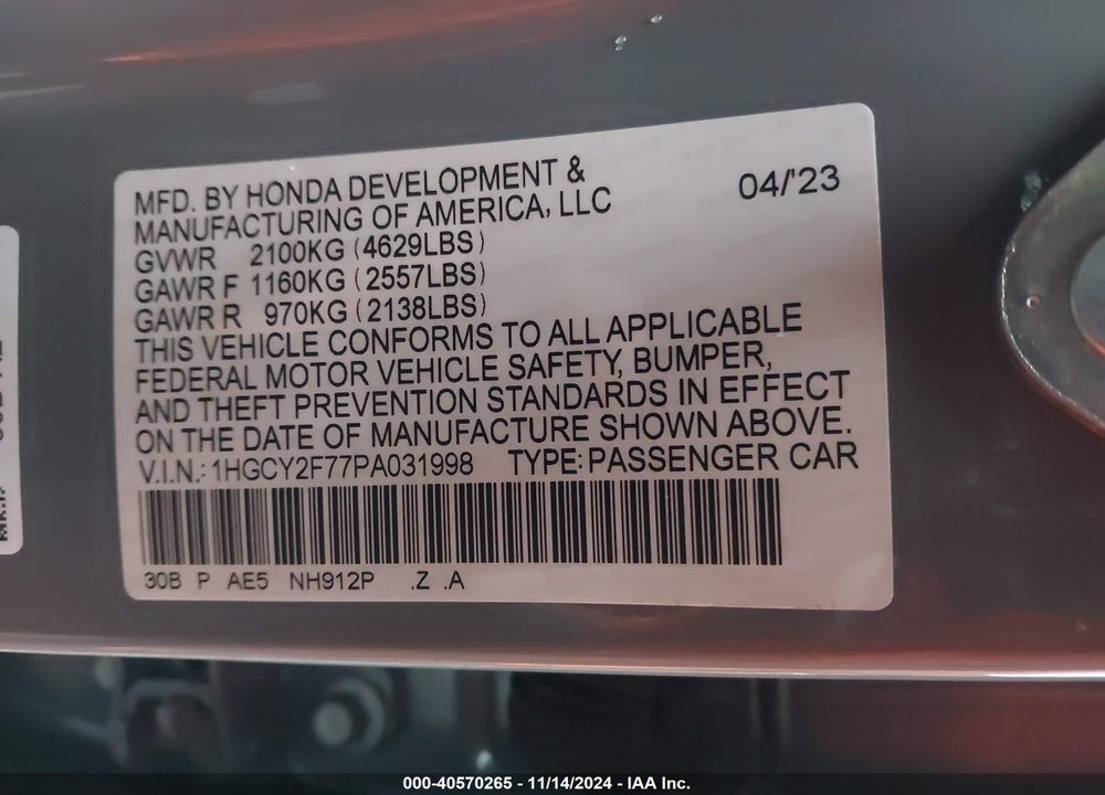 2023 HONDA ACCORD HYBRID SPORT-L VIN: 1HGCY2F77PA031998