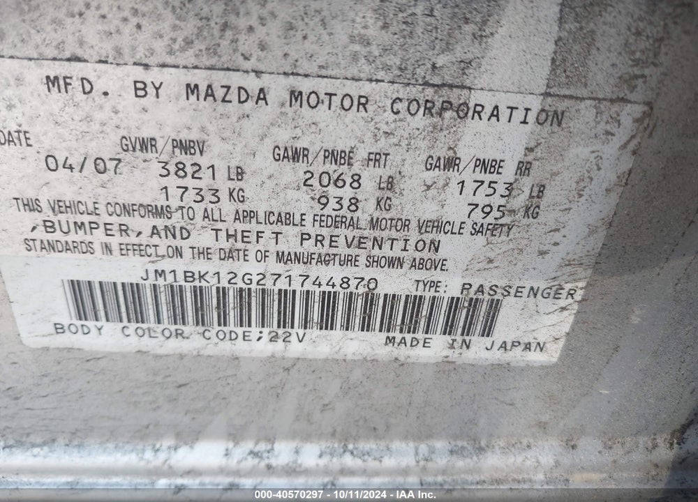 2007 MAZDA 3 I VIN: JM1BK12G271744870