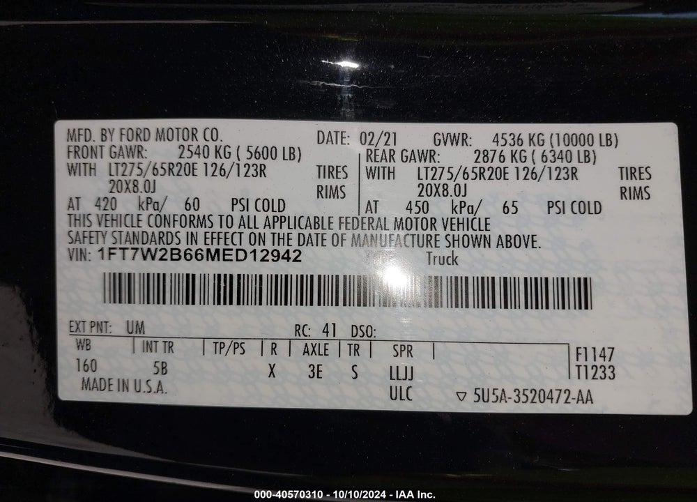 2021 FORD F-250 LARIAT VIN: 1FT7W2B66MED12942