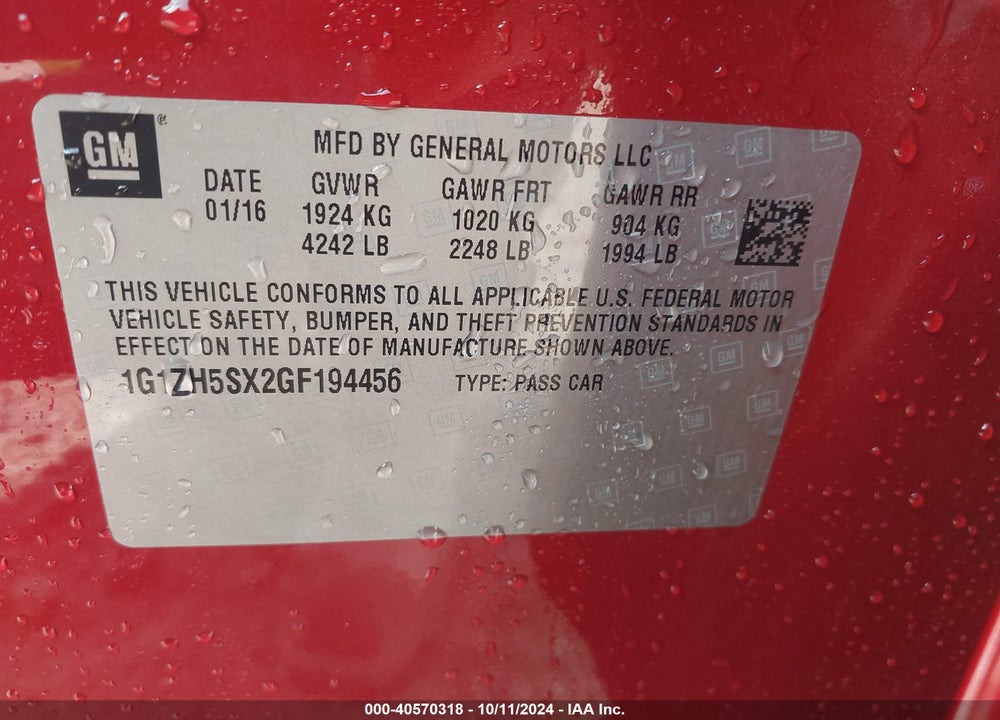 2016 CHEVROLET MALIBU PREMIER VIN: 1G1ZH5SX2GF194456