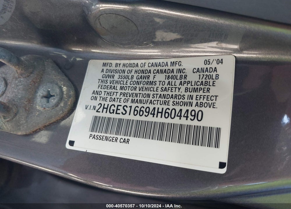 2004 HONDA CIVIC LX VIN: 2HGES16694H604490