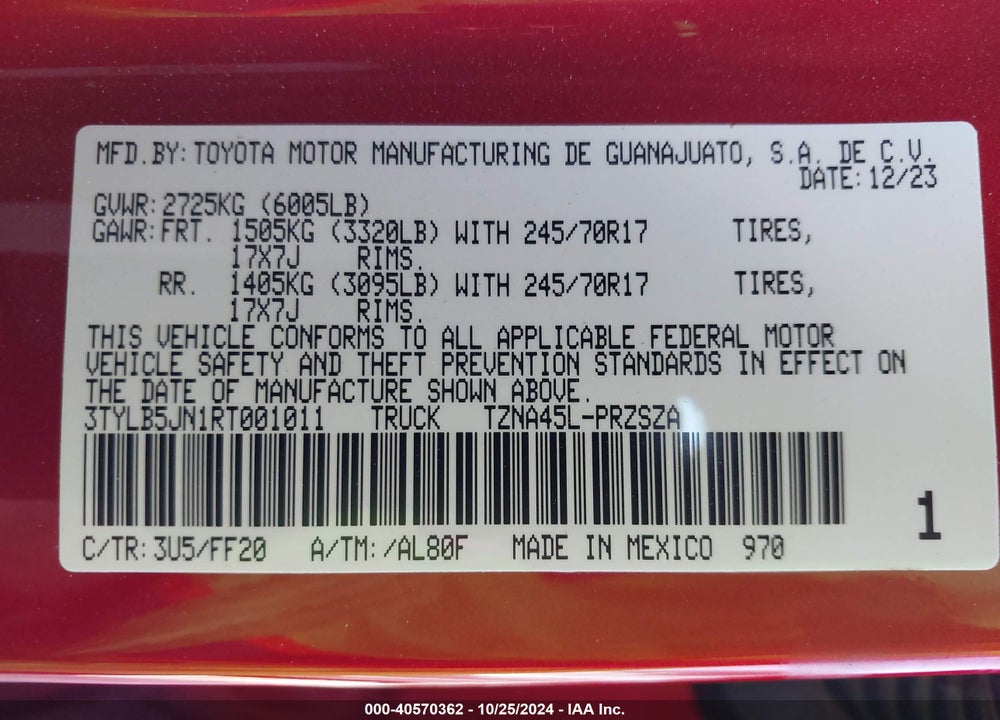 2024 TOYOTA TACOMA SR5 VIN: 3TYLB5JN1RT001011