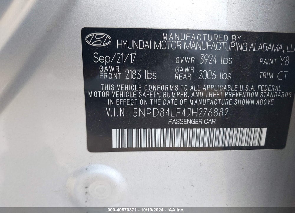 2018 HYUNDAI ELANTRA SEL VIN: 5NPD84LF4JH276882