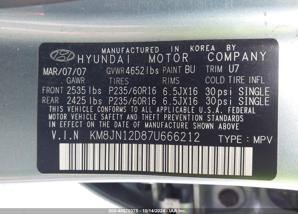 2007 HYUNDAI TUCSON LIMITED/SE VIN: KM8JN12D87U666212