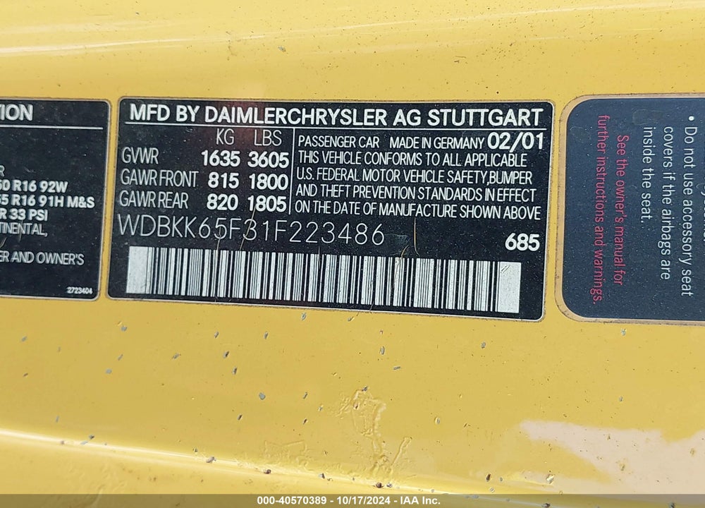 2001 MERCEDES-BENZ SLK 320 VIN: WDBKK65F31F223486