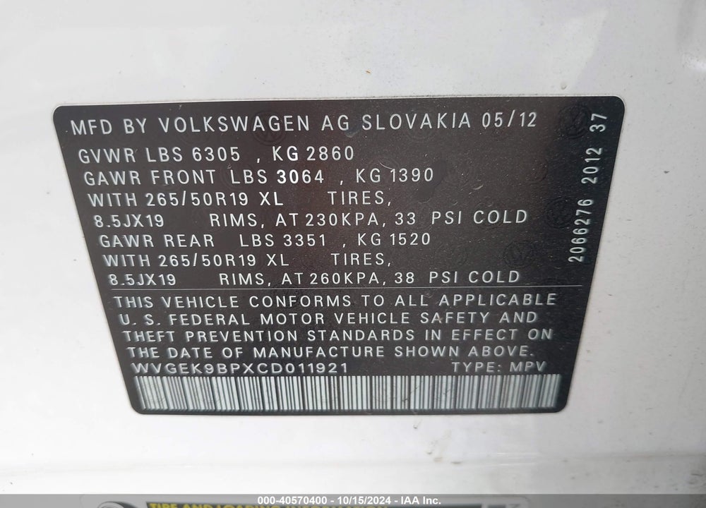 2012 VOLKSWAGEN TOUAREG TDI LUX VIN: WVGEK9BPXCD011921
