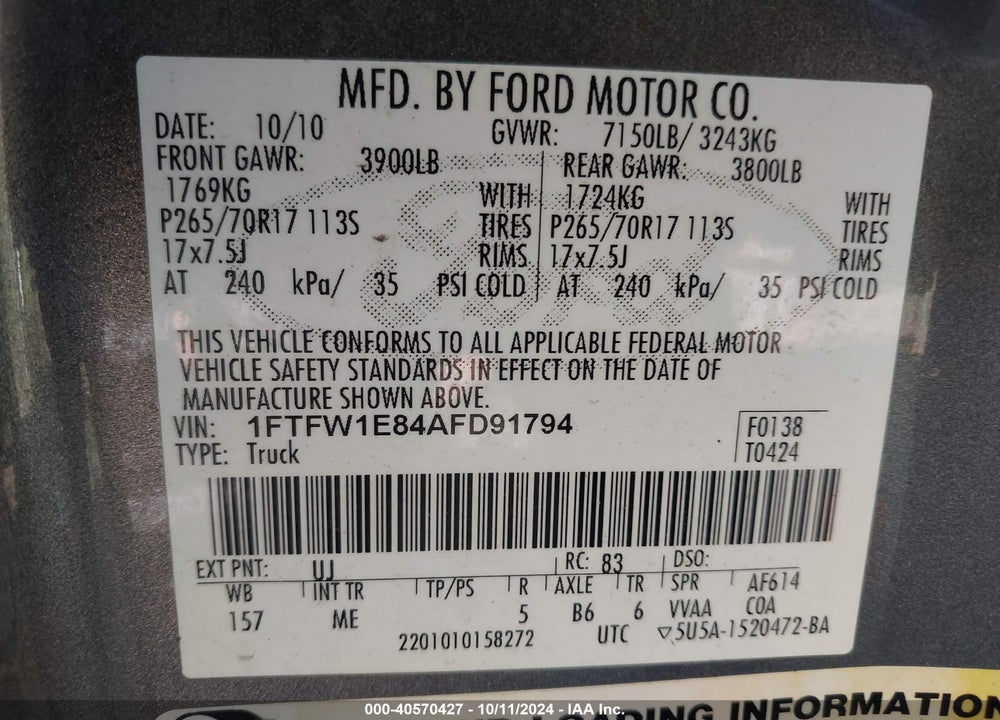 2010 FORD F-150 XL/XLT VIN: 1FTFW1E84AFD91794