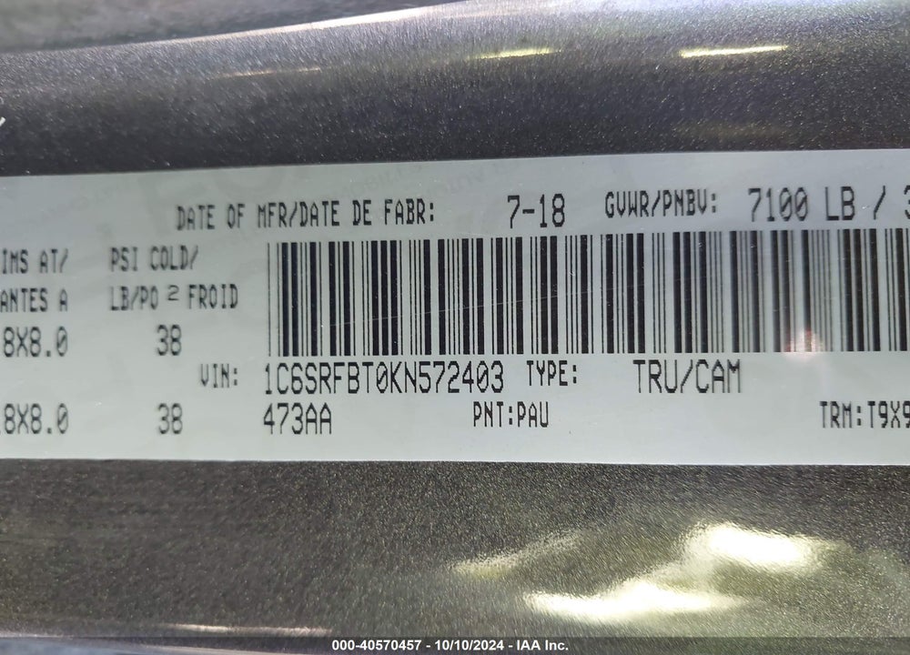 2019 RAM 1500 BIG HORN VIN: 1C6SRFBT0KN572403