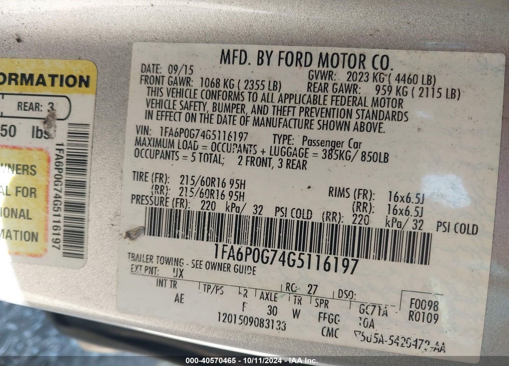 2016 FORD FUSION S VIN: 1FA6P0G74G5116197