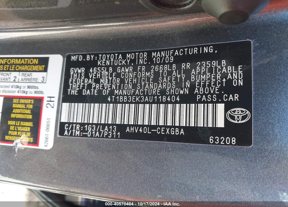 2010 TOYOTA CAMRY HYBRID VIN: 4T1BB3EK3AU118404