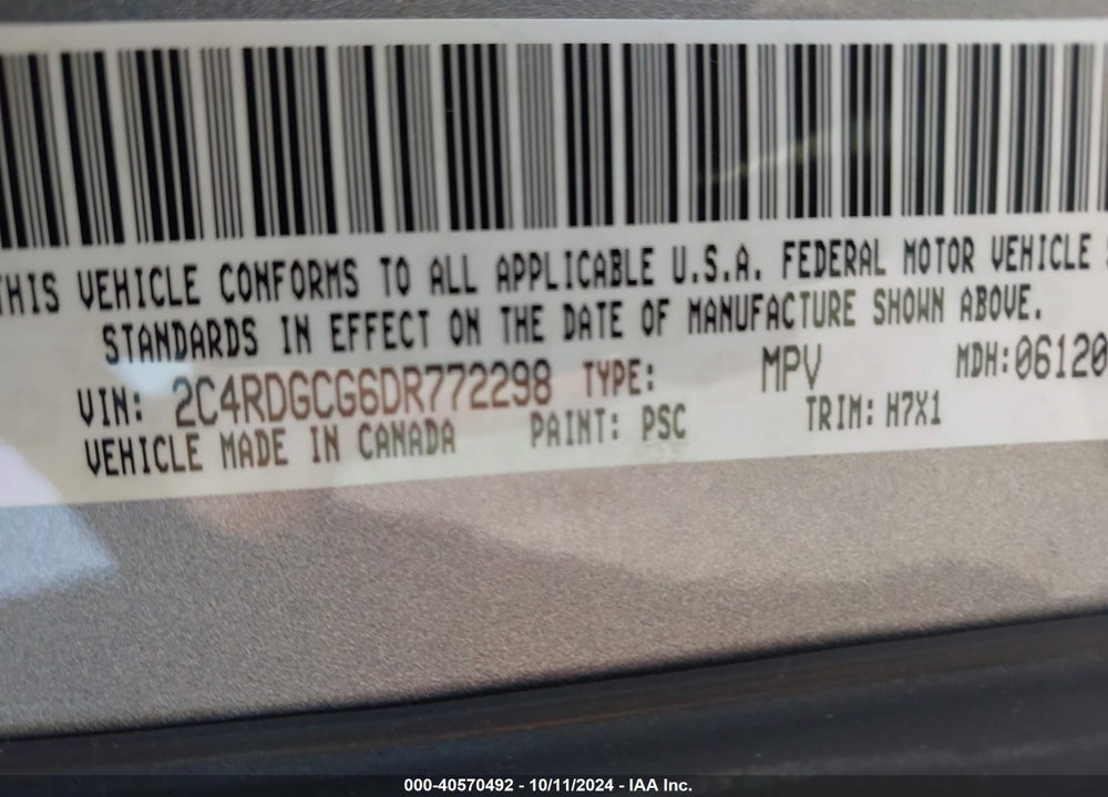 2013 DODGE GRAND CARAVAN SXT VIN: 2C4RDGCG6DR772298