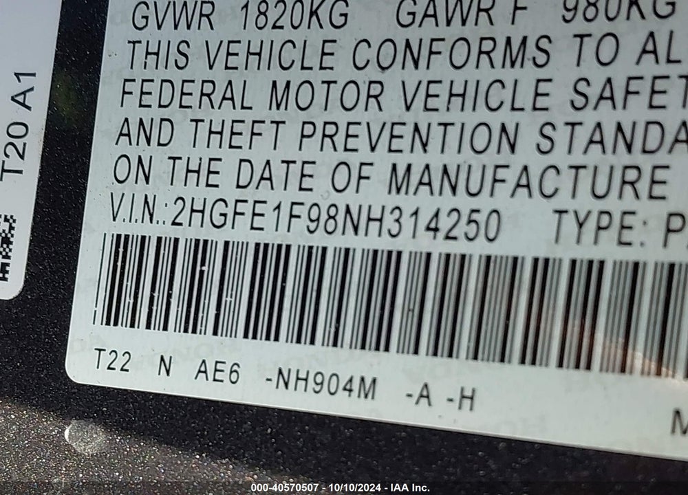 2022 HONDA CIVIC TOURING VIN: 2HGFE1F98NH314250