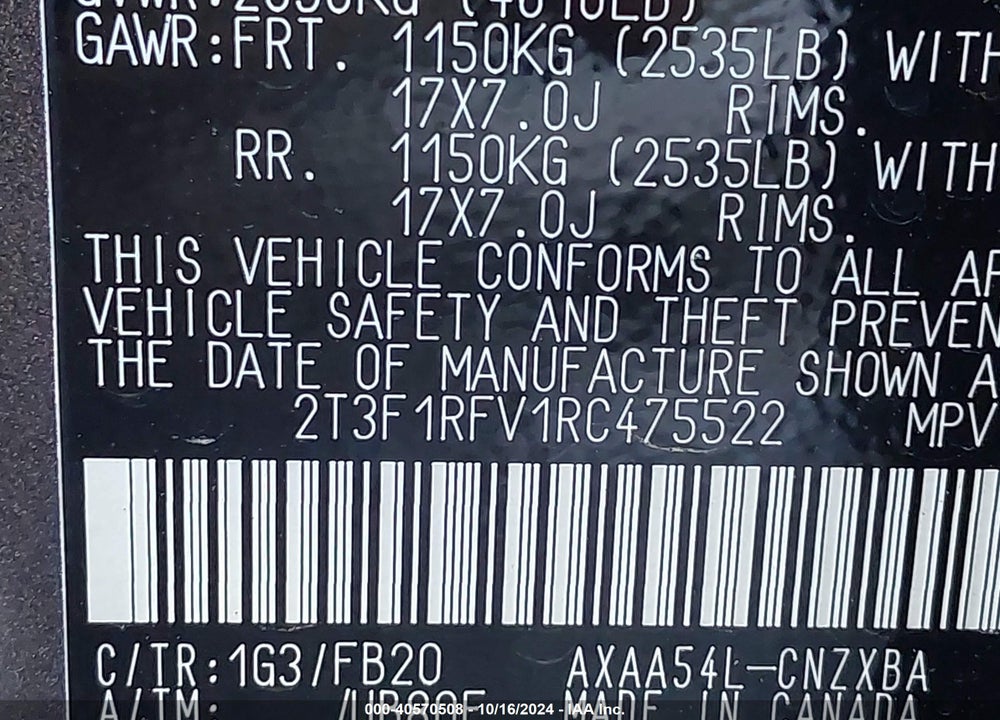 2024 TOYOTA RAV4 LE VIN: 2T3F1RFV1RC475522