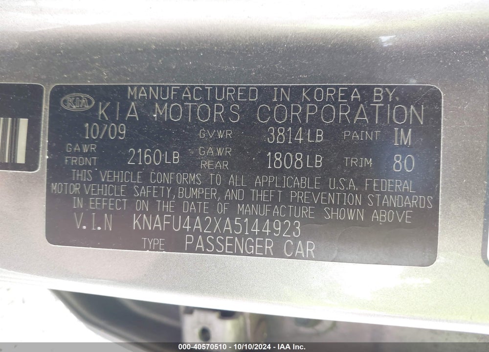 2010 KIA FORTE EX VIN: KNAFU4A2XA5144923