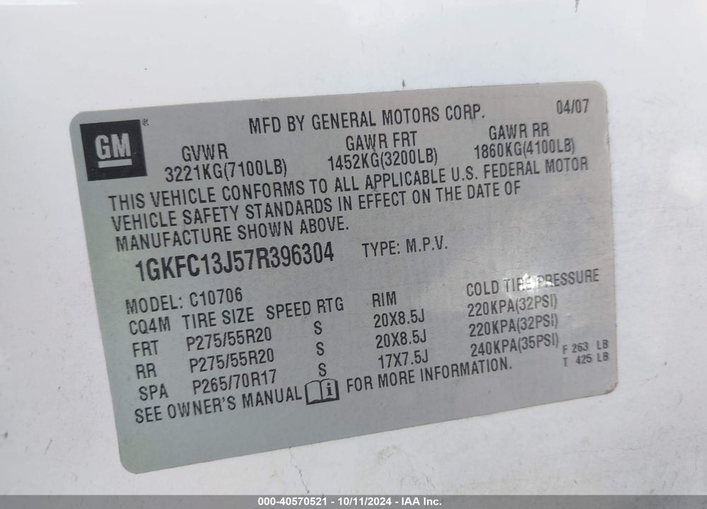 2007 GMC YUKON SLT VIN: 1GKFC13J57R396304