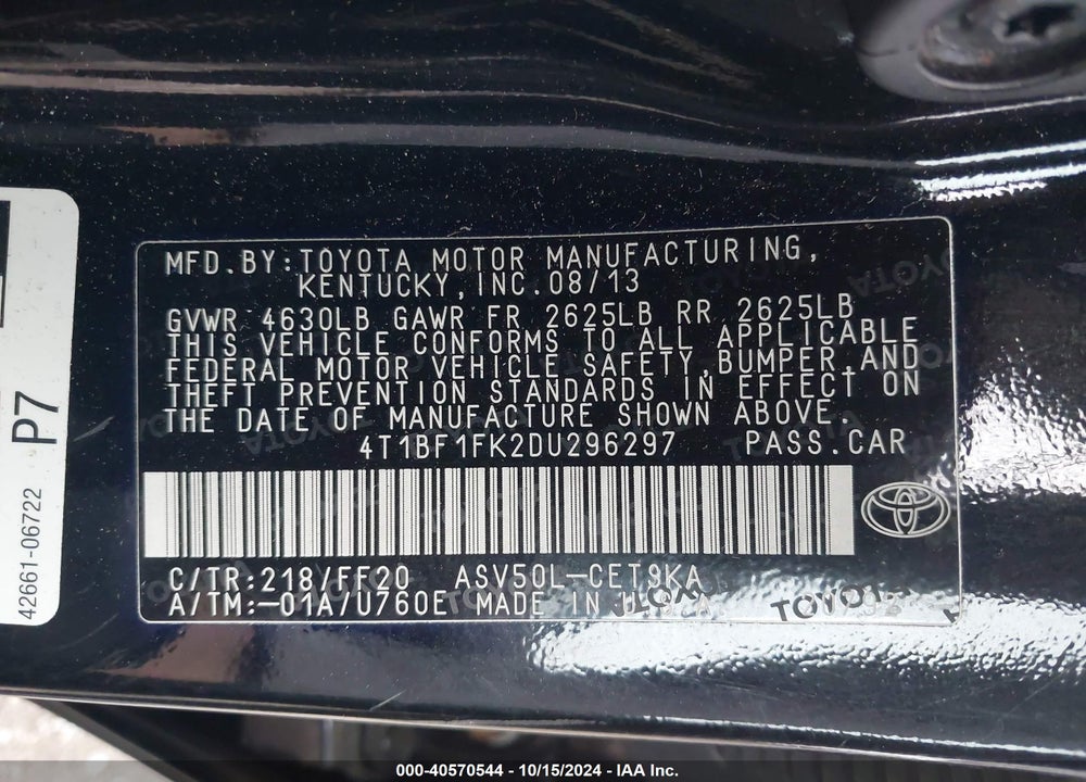 2013 TOYOTA CAMRY SE VIN: 4T1BF1FK2DU296297