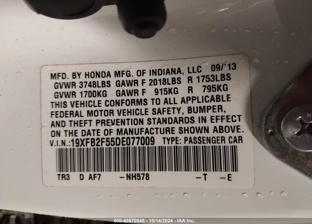 2013 HONDA CIVIC LX VIN: 19XFB2F55DE077009