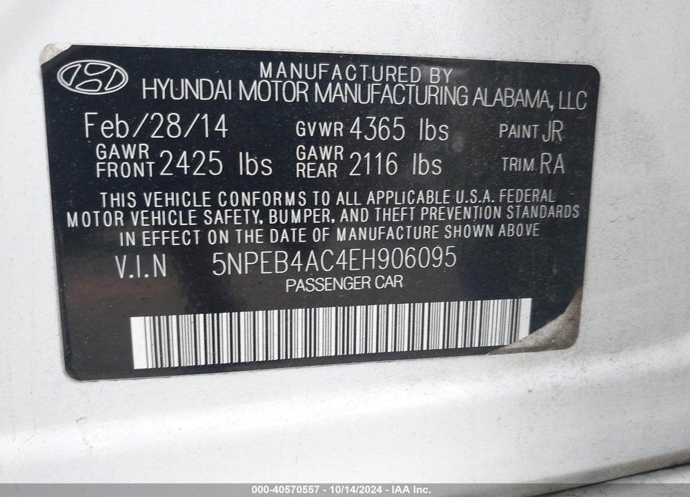 2014 HYUNDAI SONATA GLS VIN: 5NPEB4AC4EH906095