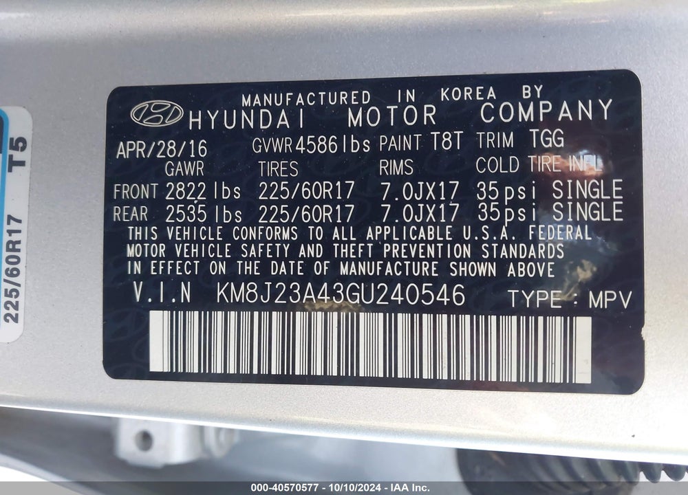 2016 HYUNDAI TUCSON SE VIN: KM8J23A43GU240546