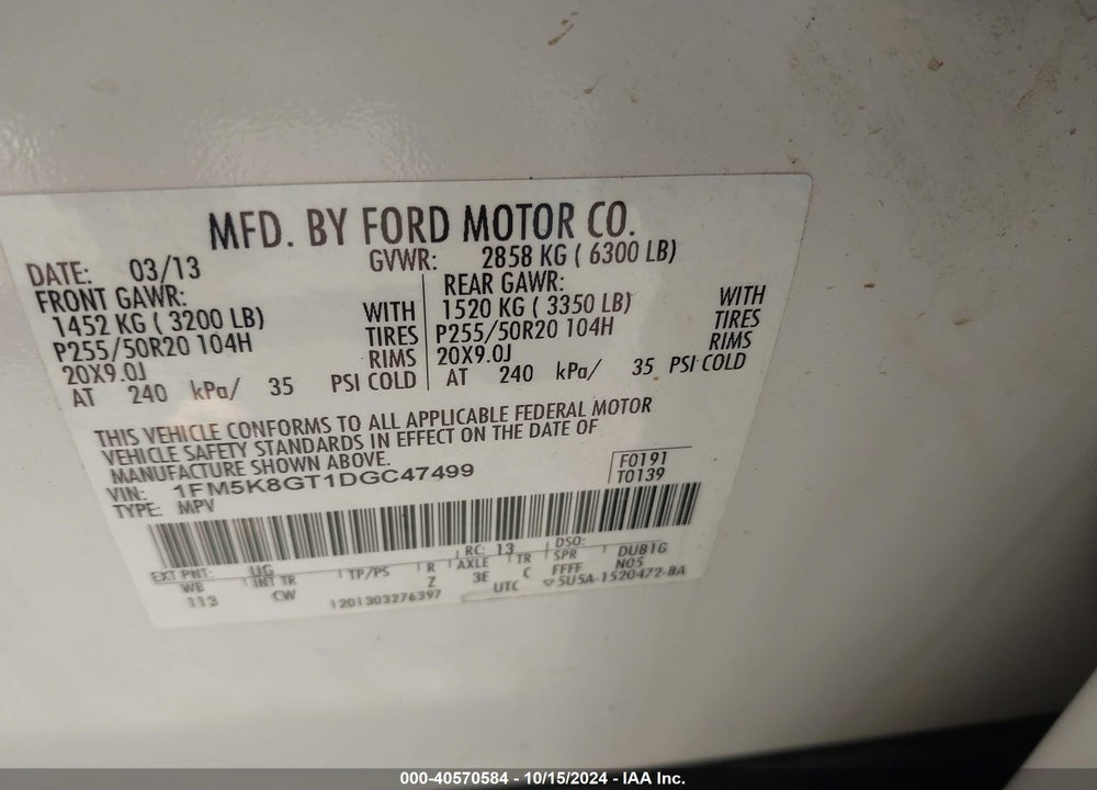 2013 FORD EXPLORER SPORT VIN: 1FM5K8GT1DGC47499