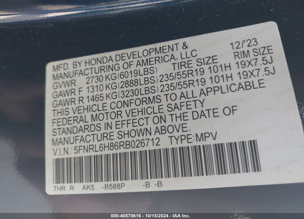 2024 HONDA ODYSSEY TOURING VIN: 5FNRL6H86RB026712