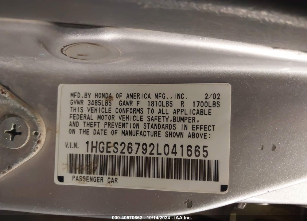 2002 HONDA CIVIC EX VIN: 1HGES26792L041665