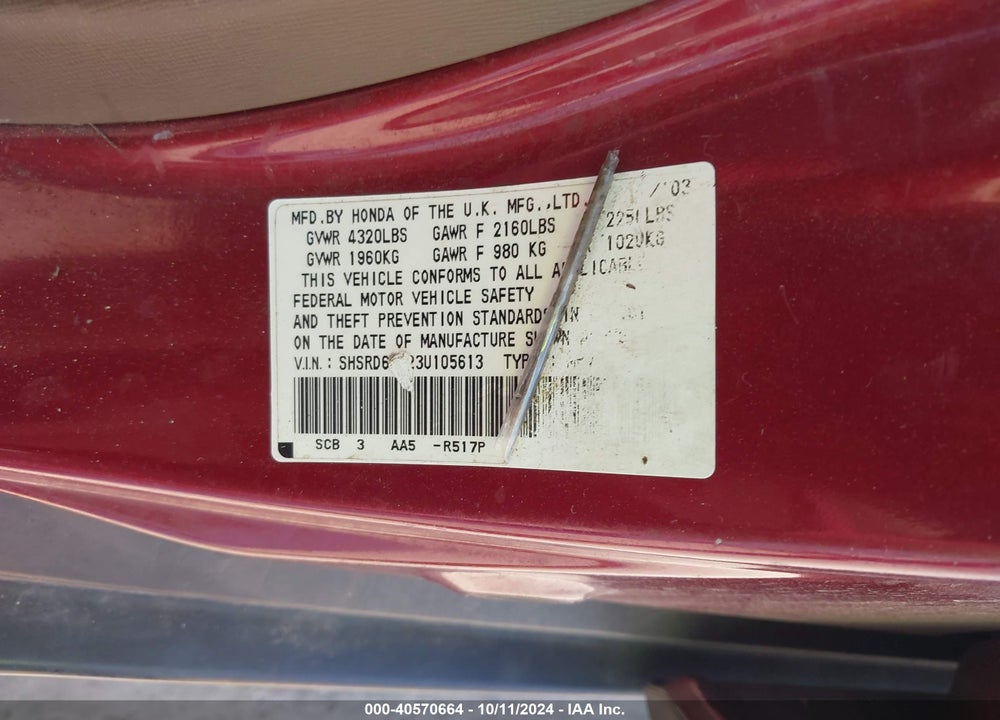 2003 HONDA CR-V LX VIN: SHSRD68423U105613
