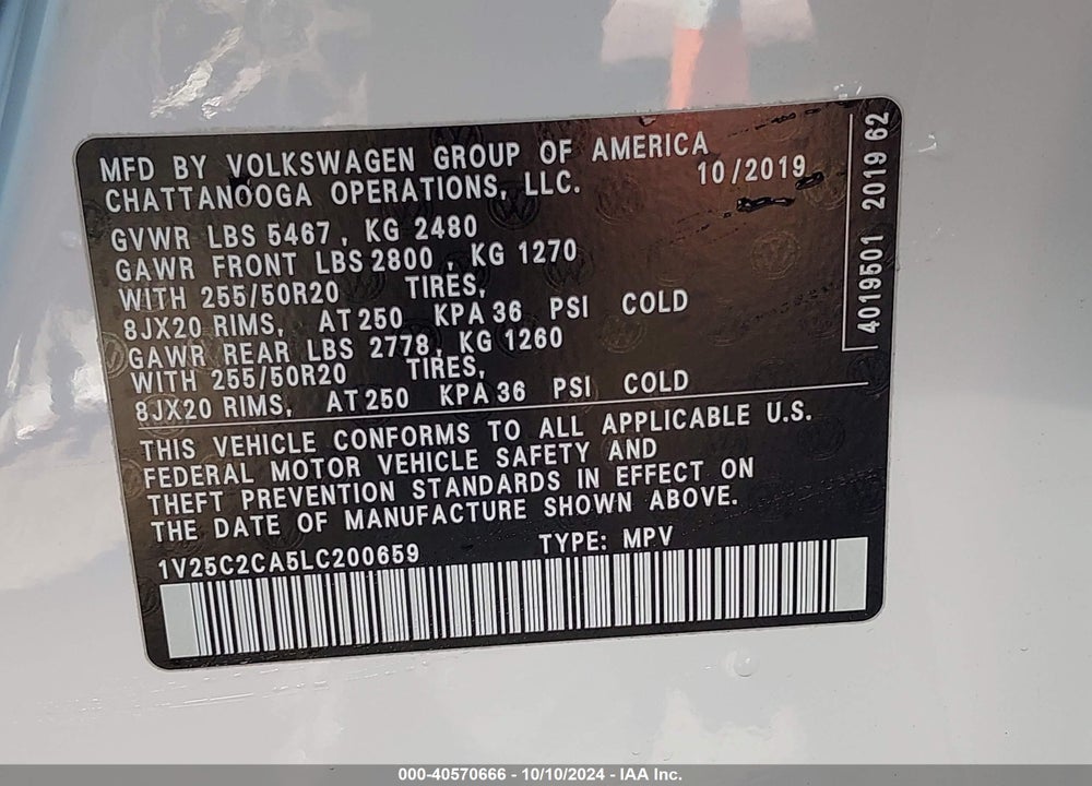 2020 VOLKSWAGEN ATLAS CROSS SPORT 2.0T SE W/TECHNOLOGY/2.0T SE W/TECHNOLOGY R-LINE VIN: 1V25C2CA5LC200659