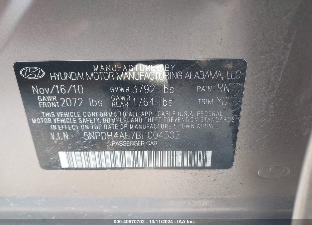 2011 HYUNDAI ELANTRA LIMITED VIN: 5NPDH4AE7BH004502